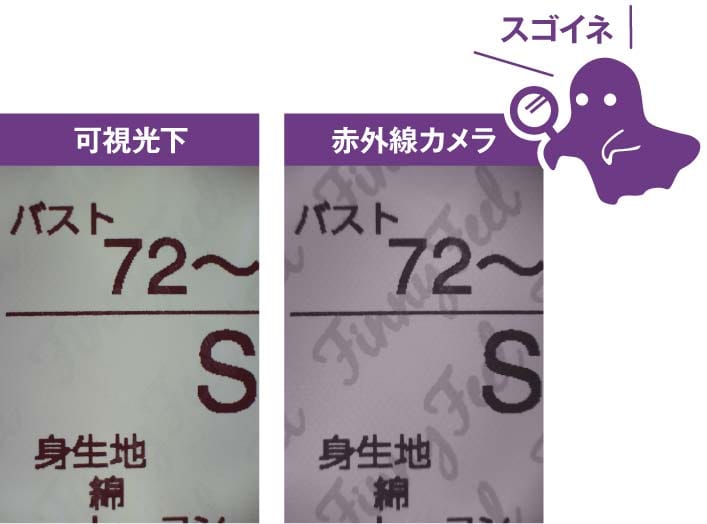 洋服のタグの写真:可視光下では無地だが、赤外線カメラでは文字が浮かび上がっている